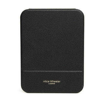 Black faux leather rectangular folding travel mirror closed back with gold Alice Wheeler Logo
