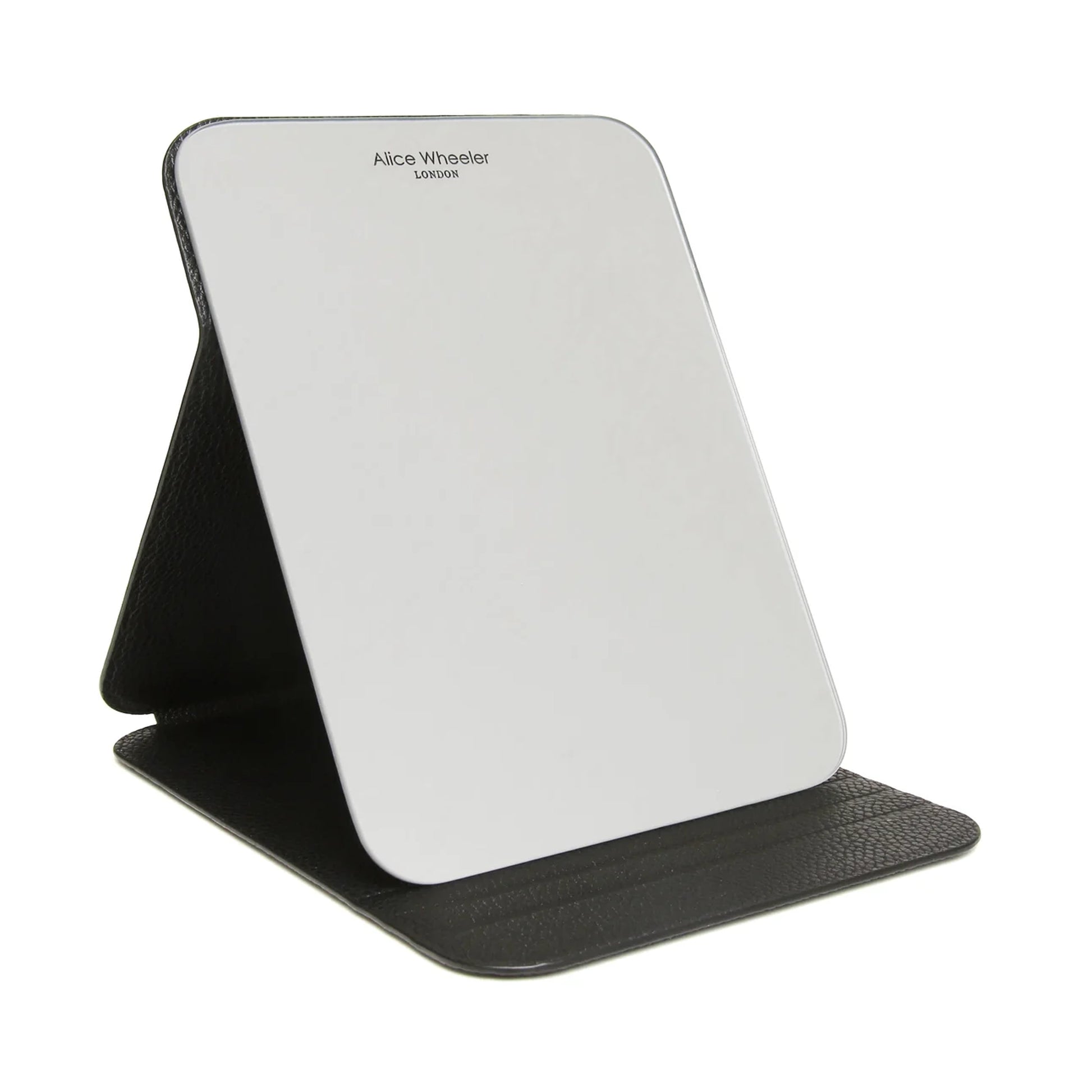 Black faux leather rectangular folding travel mirror