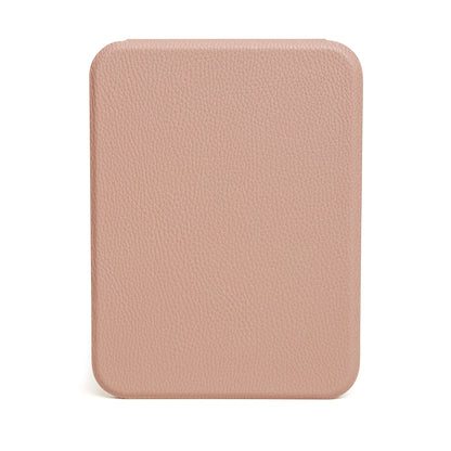 Pink faux leather rectangular folding travel mirror closed back