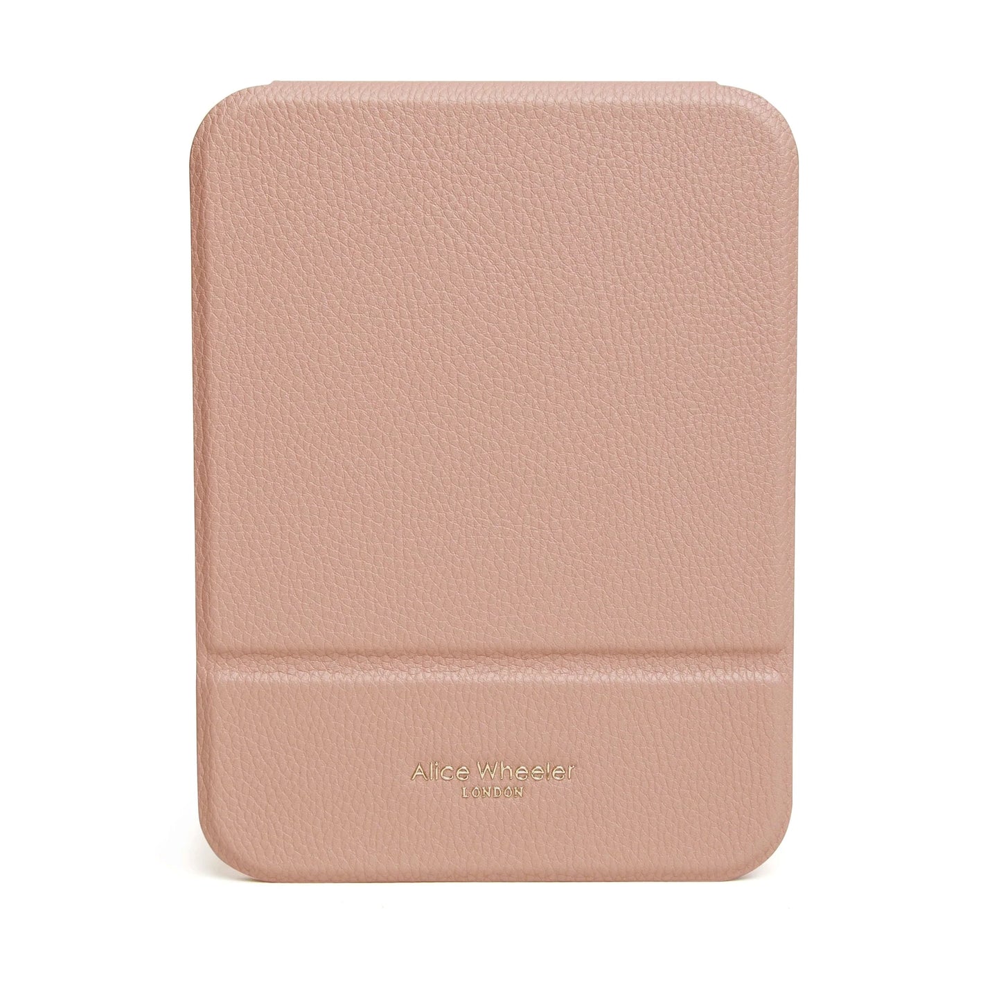Pink faux leather rectangular folding travel mirror closed front with Alice Wheeler gold logo