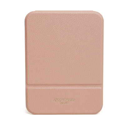 Pink faux leather rectangular folding travel mirror closed front with Alice Wheeler gold logo
