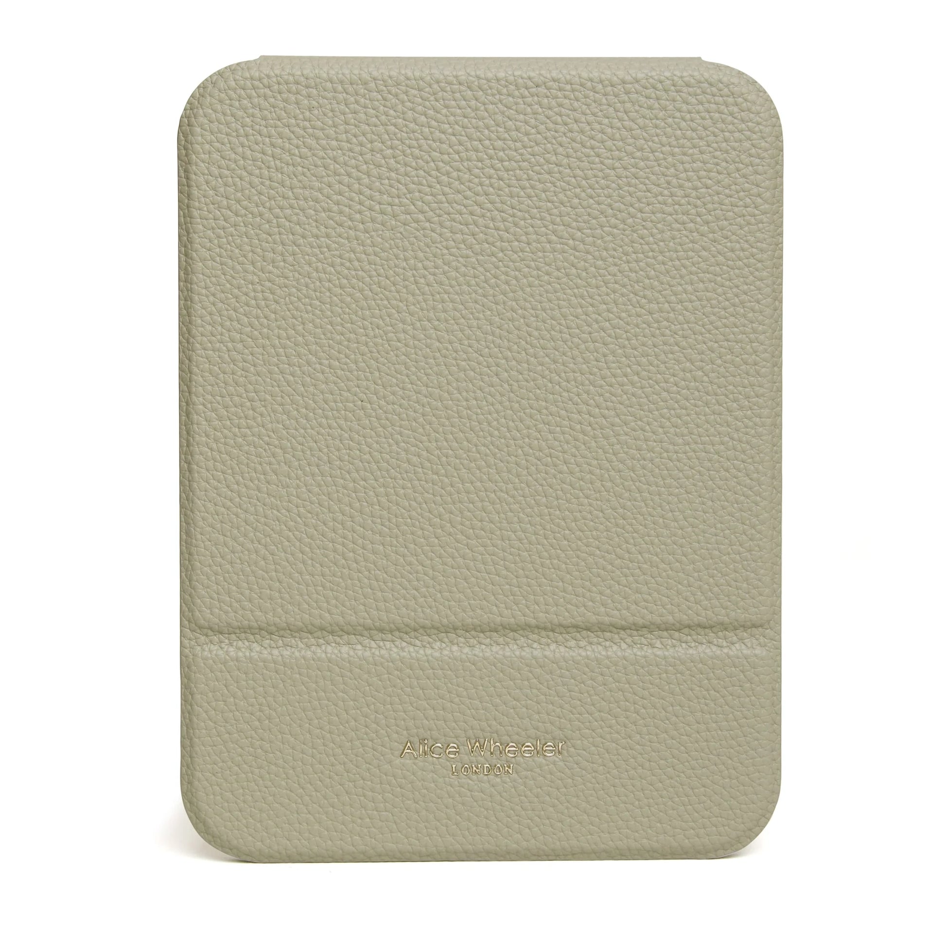 Pistachio green faux leather rectangular folding travel mirror closed front with Alice Wheeler gold logo