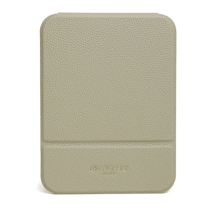 Pistachio green faux leather rectangular folding travel mirror closed front with Alice Wheeler gold logo