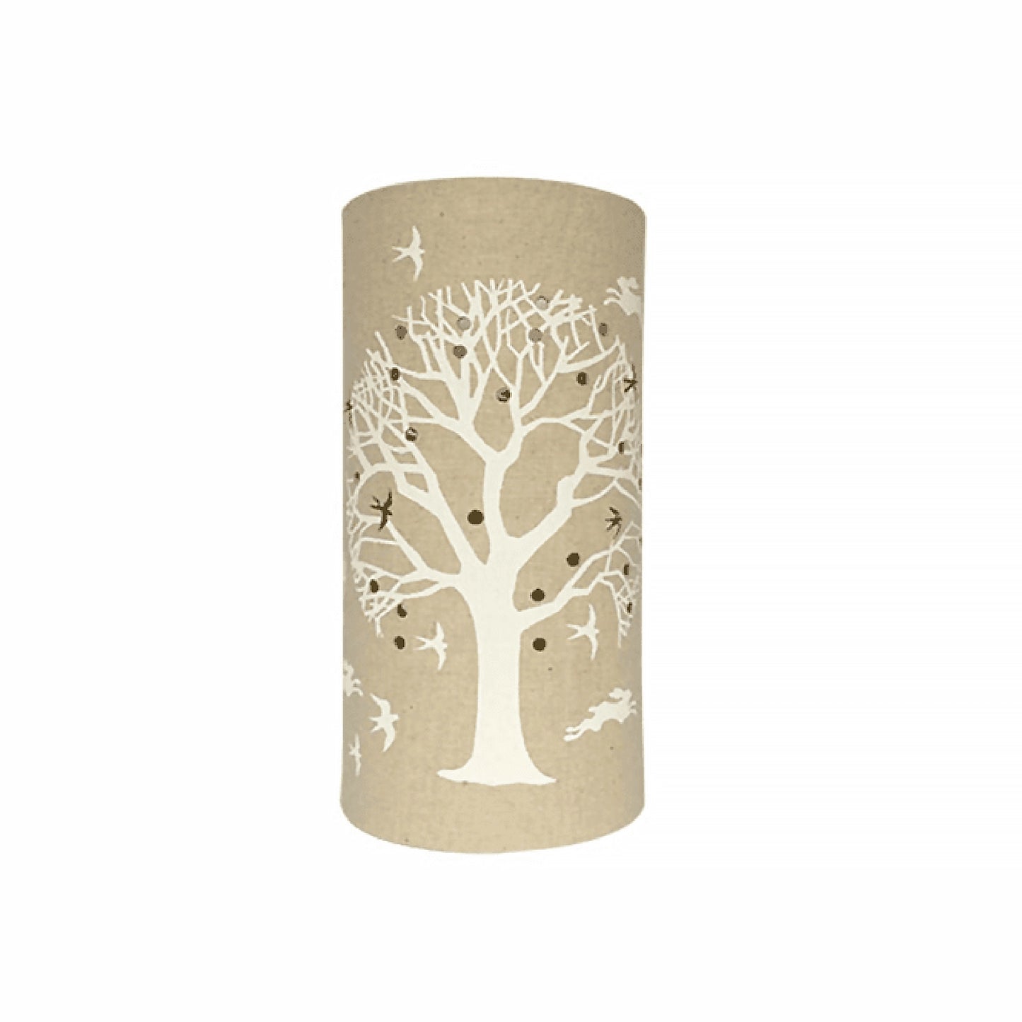A linen look fabric table lamp with a love tree of life design and cut out birds