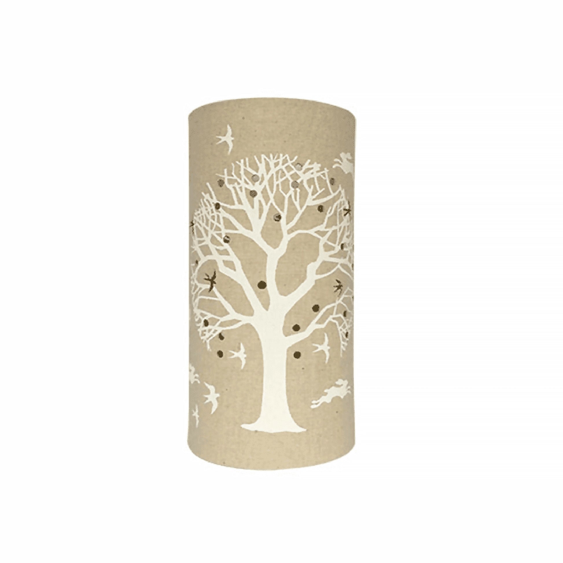 A linen look fabric table lamp with a love tree of life design and cut out birds