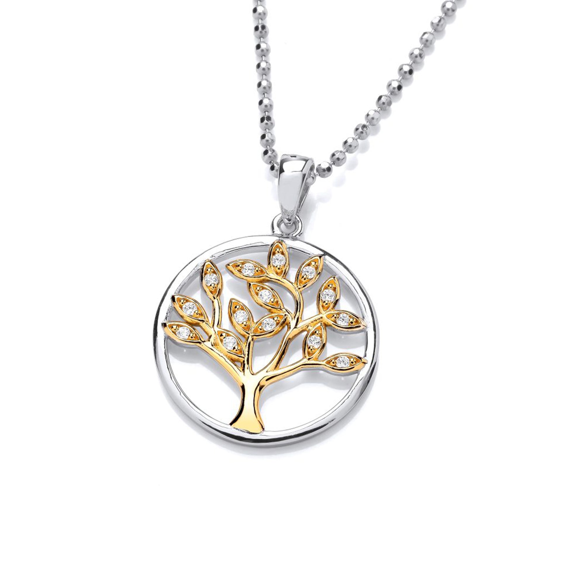 A round tree of life pendant in gold with CZ details on the leaves in silver frame
