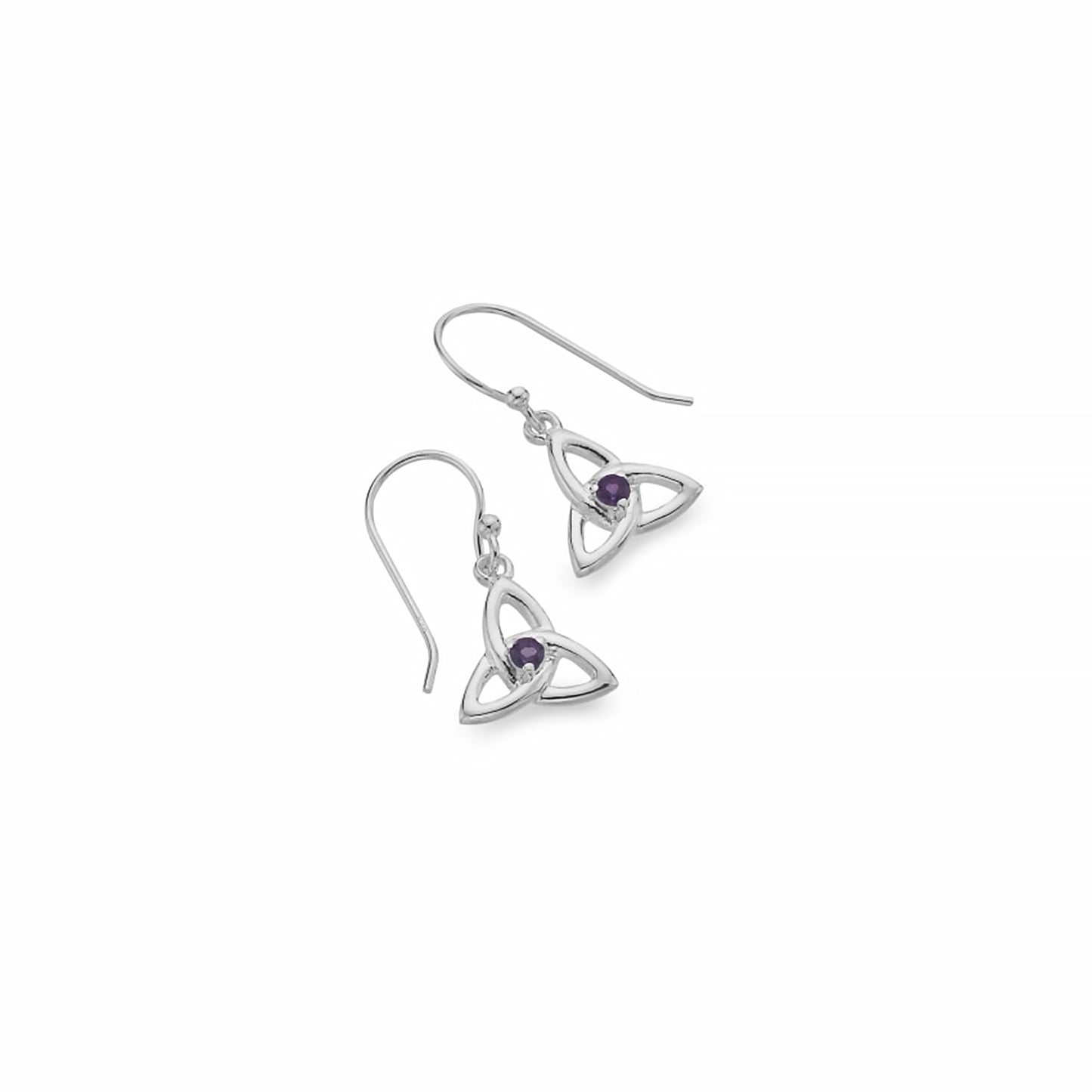 Silver trinity knot drop earrings with round amethyst stone in the centre