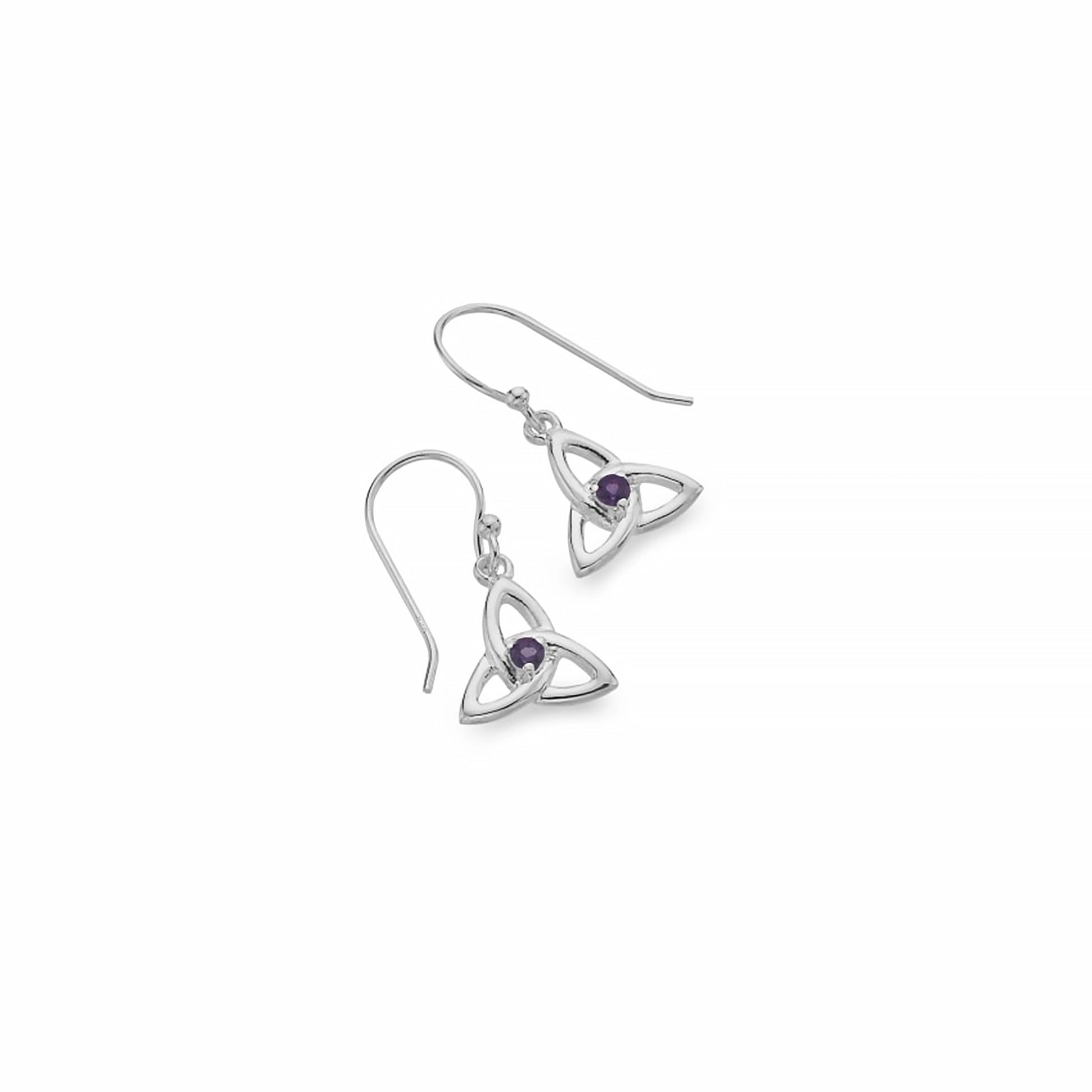 Silver trinity knot drop earrings with round amethyst stone in the centre