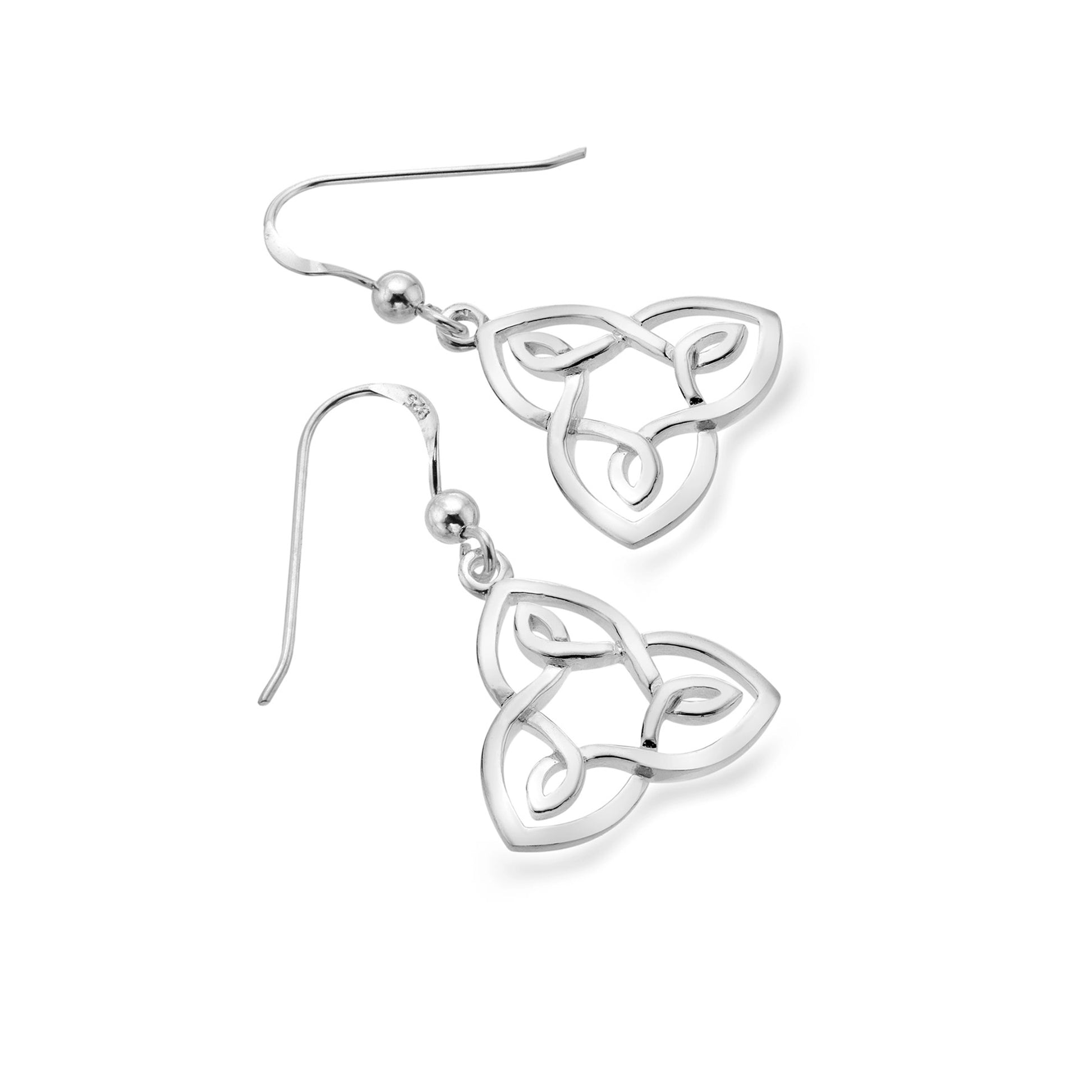Pair of silver drop earrings shaped like Celtic trinity knots with swirl design