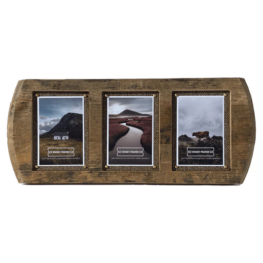 A frame made from a whisky barrel lid and Harris Tweed with three photo spaces