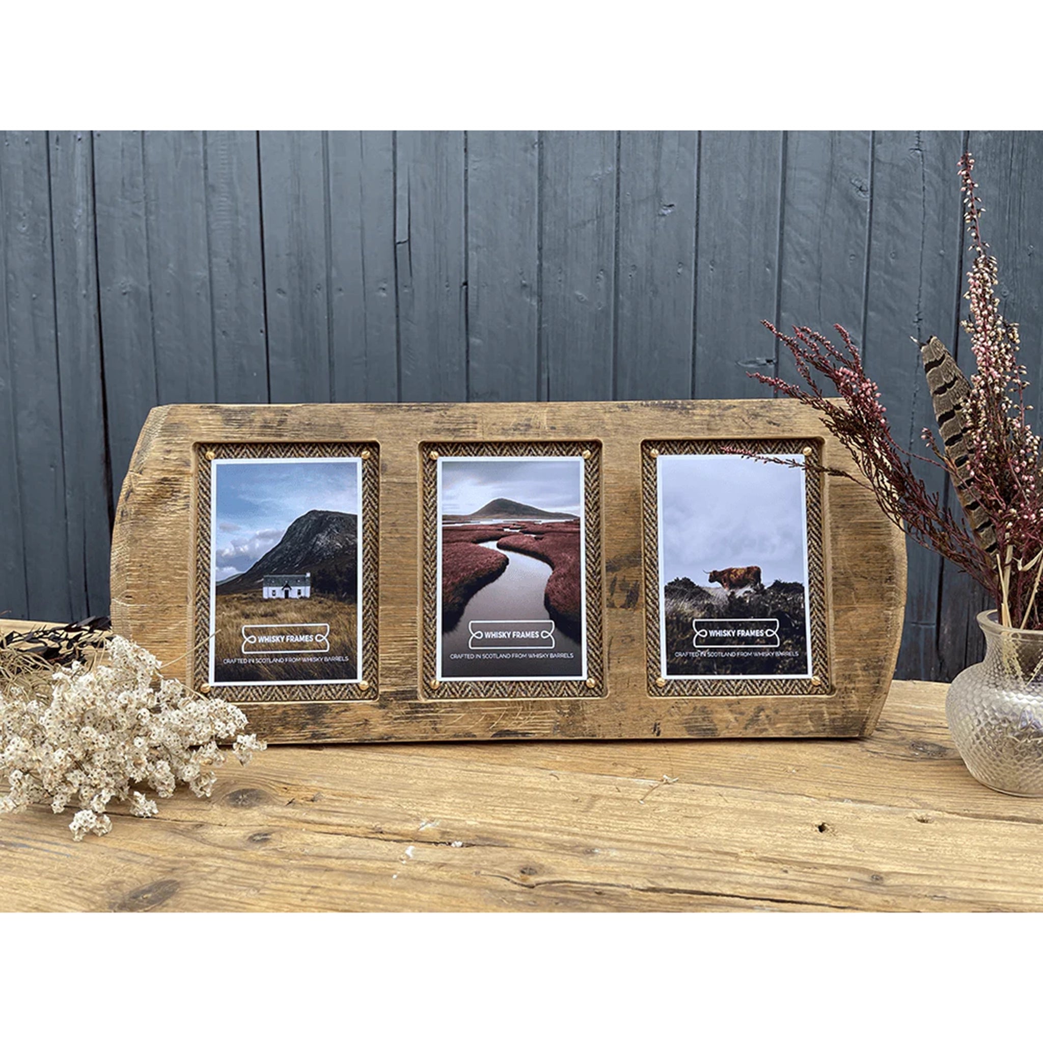 A frame made from a whisky barrel lid and Harris Tweed with three photo spaces - lifestyle