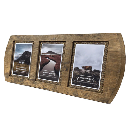 A frame made from a whisky barrel lid and Harris Tweed with three photo spaces - side
