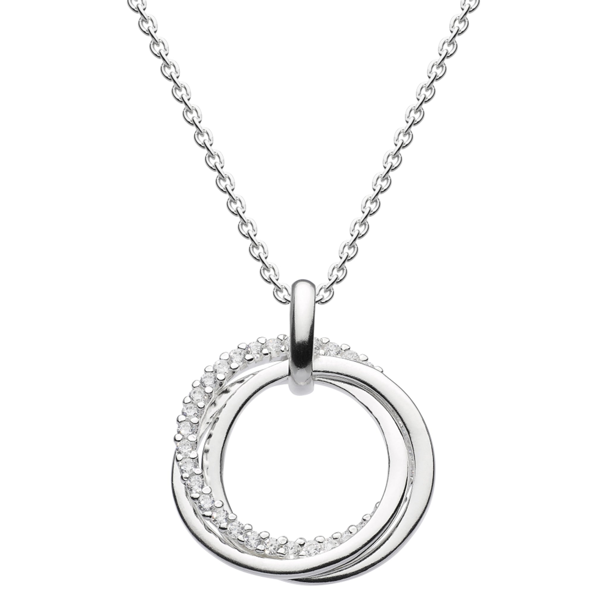 A silver pendant with three interlocking rings, one with CZ stones