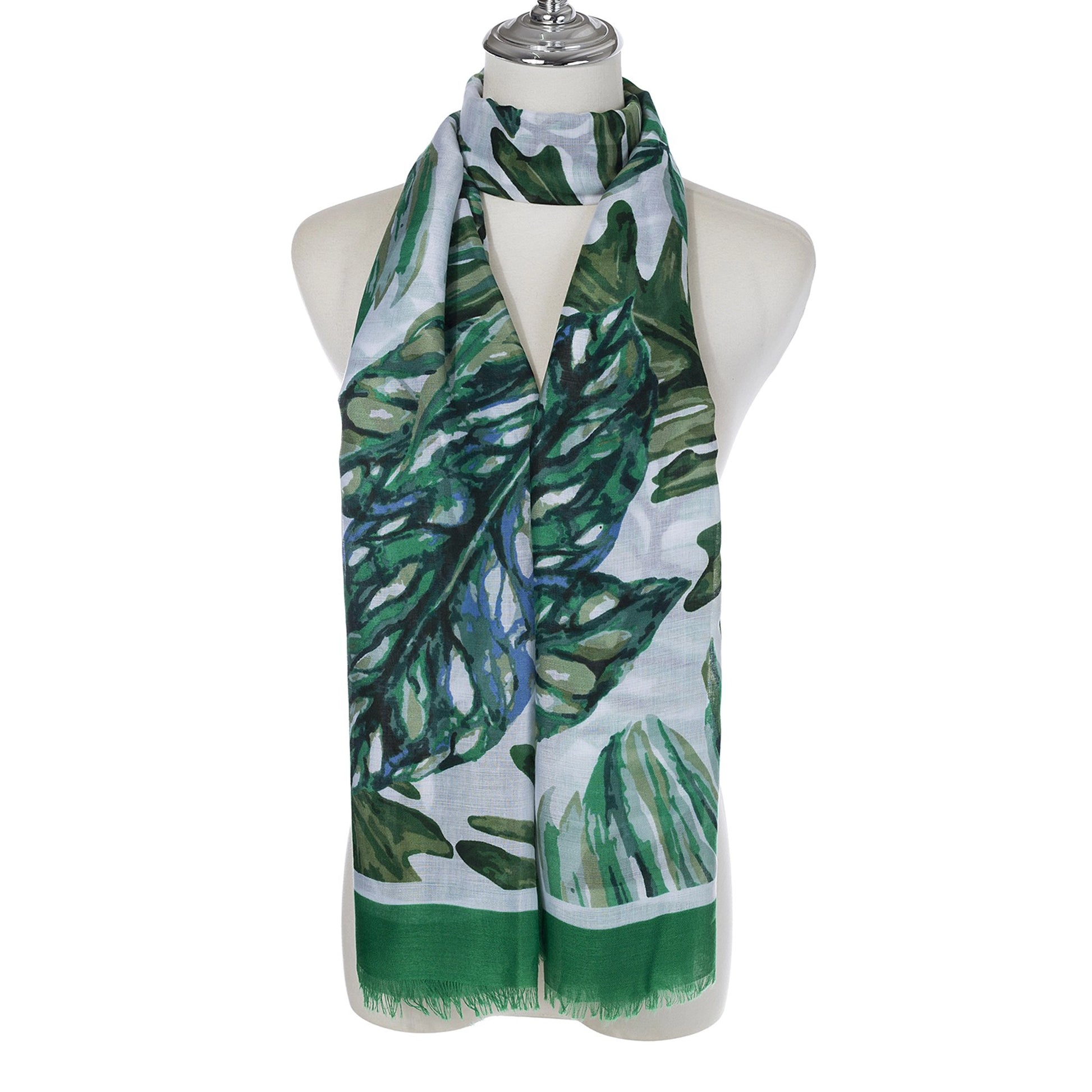 Tropical leaf patterned scarf in green, white and blue