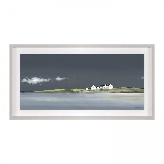 Panoramic framed print of a seaside scene with blue sky and water and white cottages on a green island.