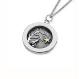 Silver pendant with oxidised tree background and silver hare and gold star details  on a silver chain
