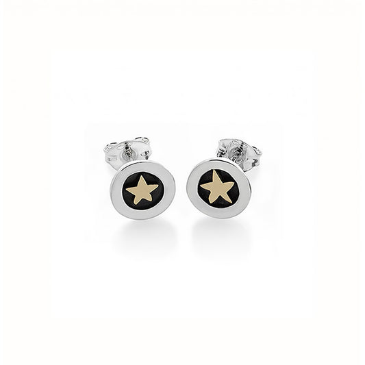 Pair of simple silver earrings with gold stars in the centre on stud fittings
