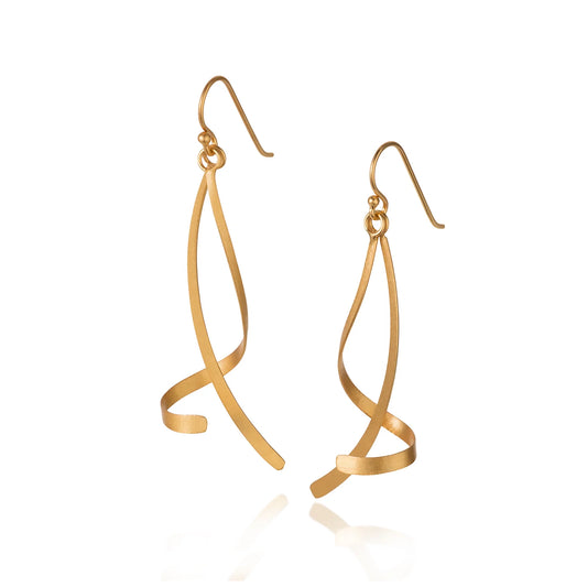 Satin gold dangling earrings with two ribbon twist shapes