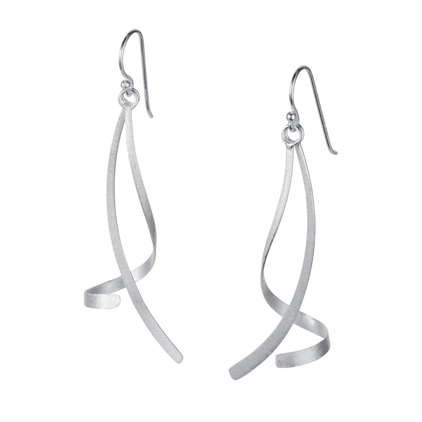 Satin silver dangling earrings with two ribbon twist shapes