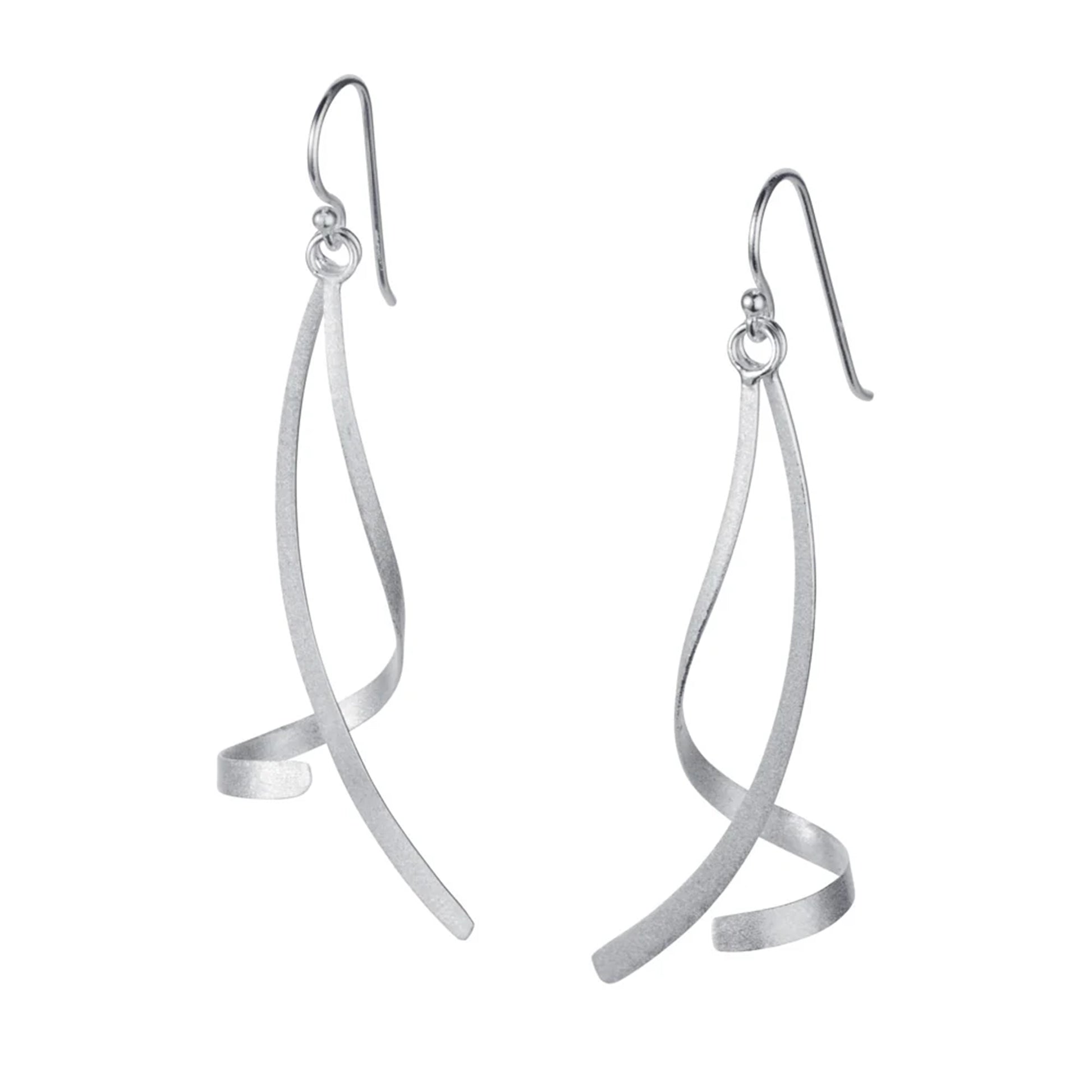 Satin silver dangling earrings with two ribbon twist shapes