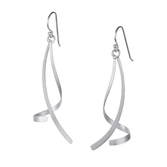 Satin silver dangling earrings with two ribbon twist shapes