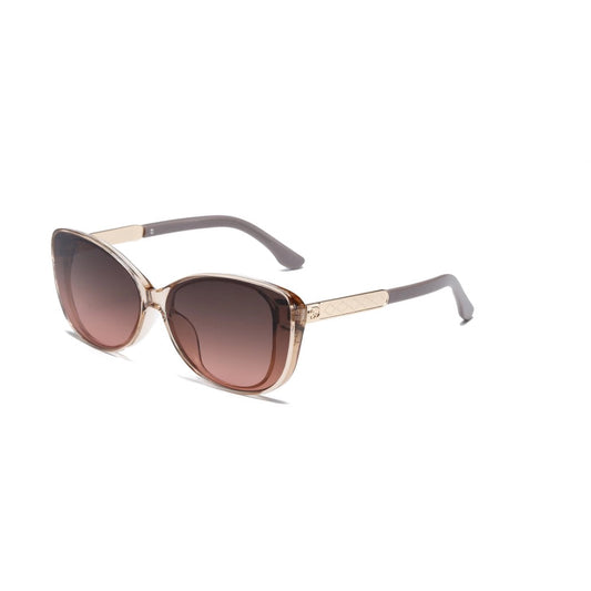 Pair of beige coloured cat eye sunglasses with gold metal detail on the arms