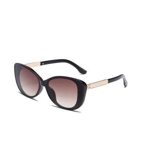Pair of large cat eye sunglasses with black frames and metal detail on the arms