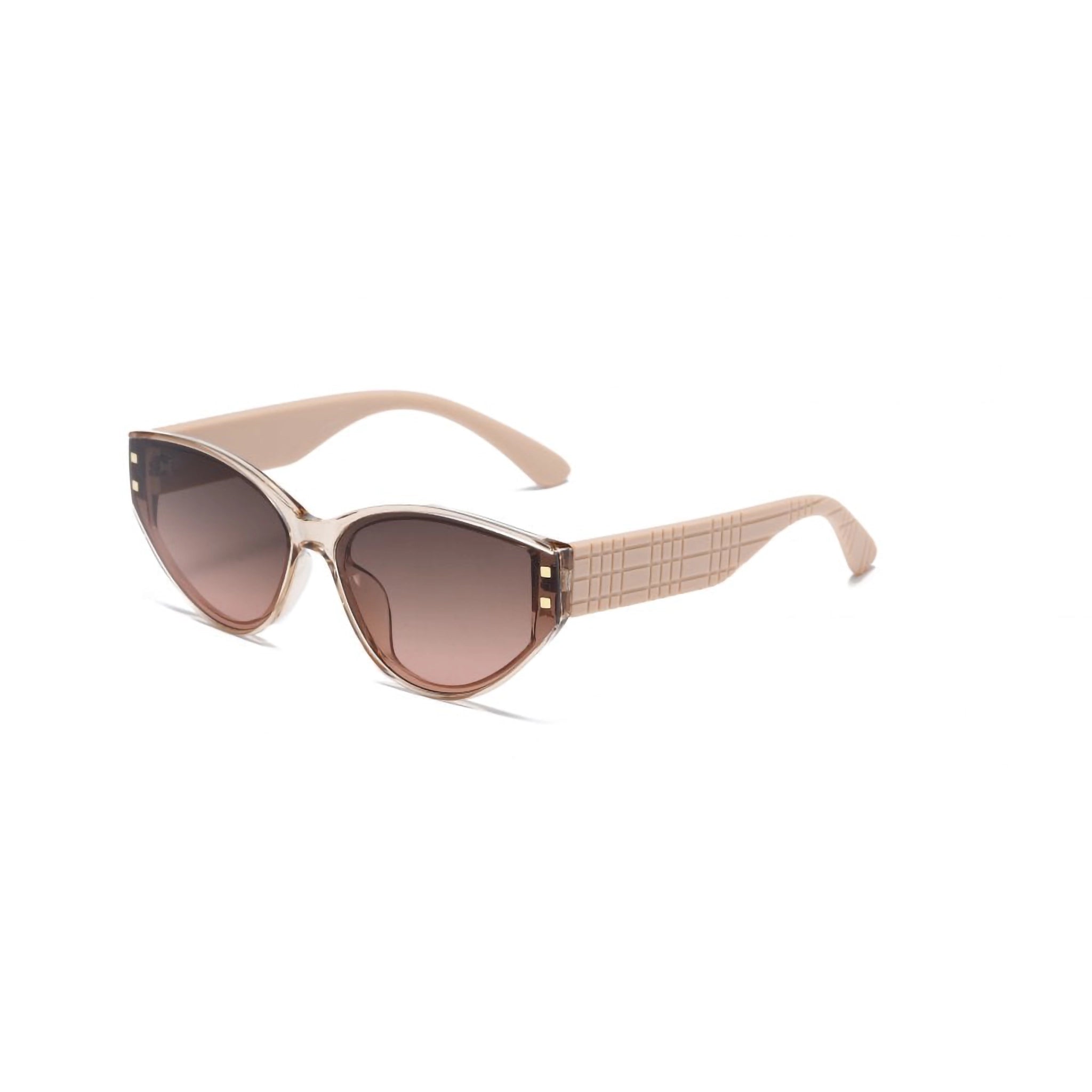 Cat eye sunglasses in a neutral colour with geometric hatch texture on the arms