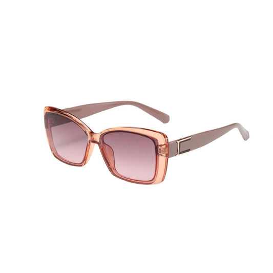 A pair of rose coloured sunglasses with transparent frame and matt arms