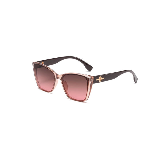 A pair of sunglasses with transparent rose coloured frame and brown arms