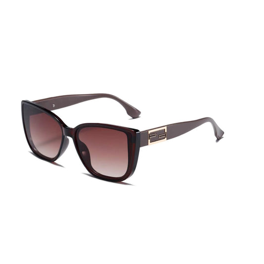 A pair of square lens brown sunglasses with thick cat eye frames and gold detail on the arms