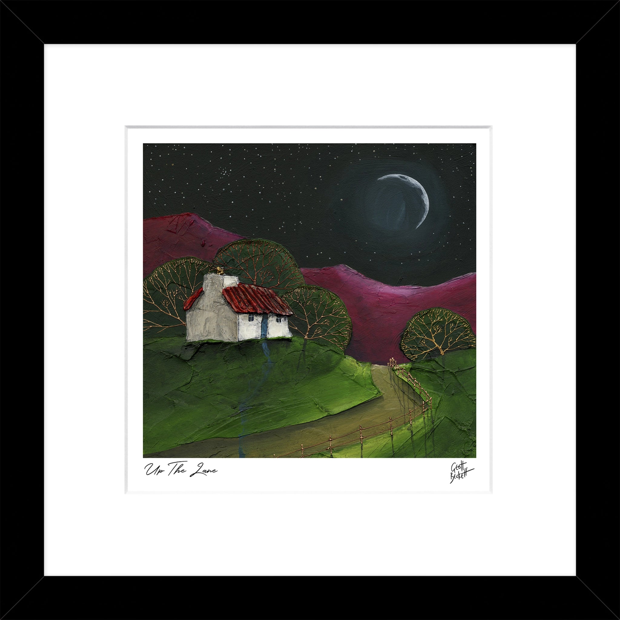 A square print featuring a little house by a lane at night