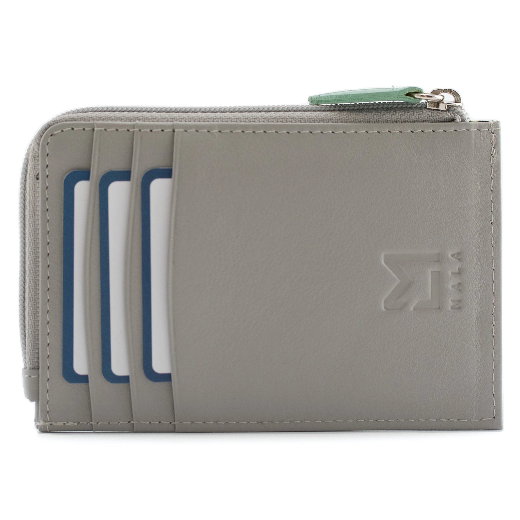 Back of a grey zip purse with three card slots