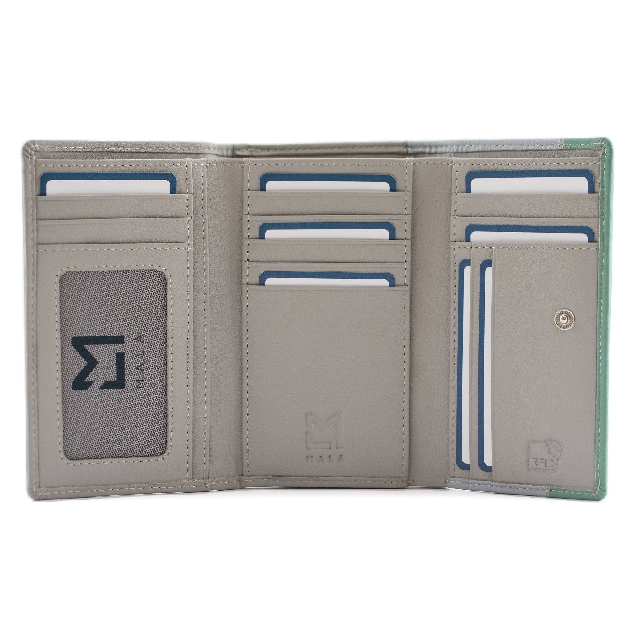 Inside of a tri=fold grey leather purse with 12 card slots and a mesh ID window
