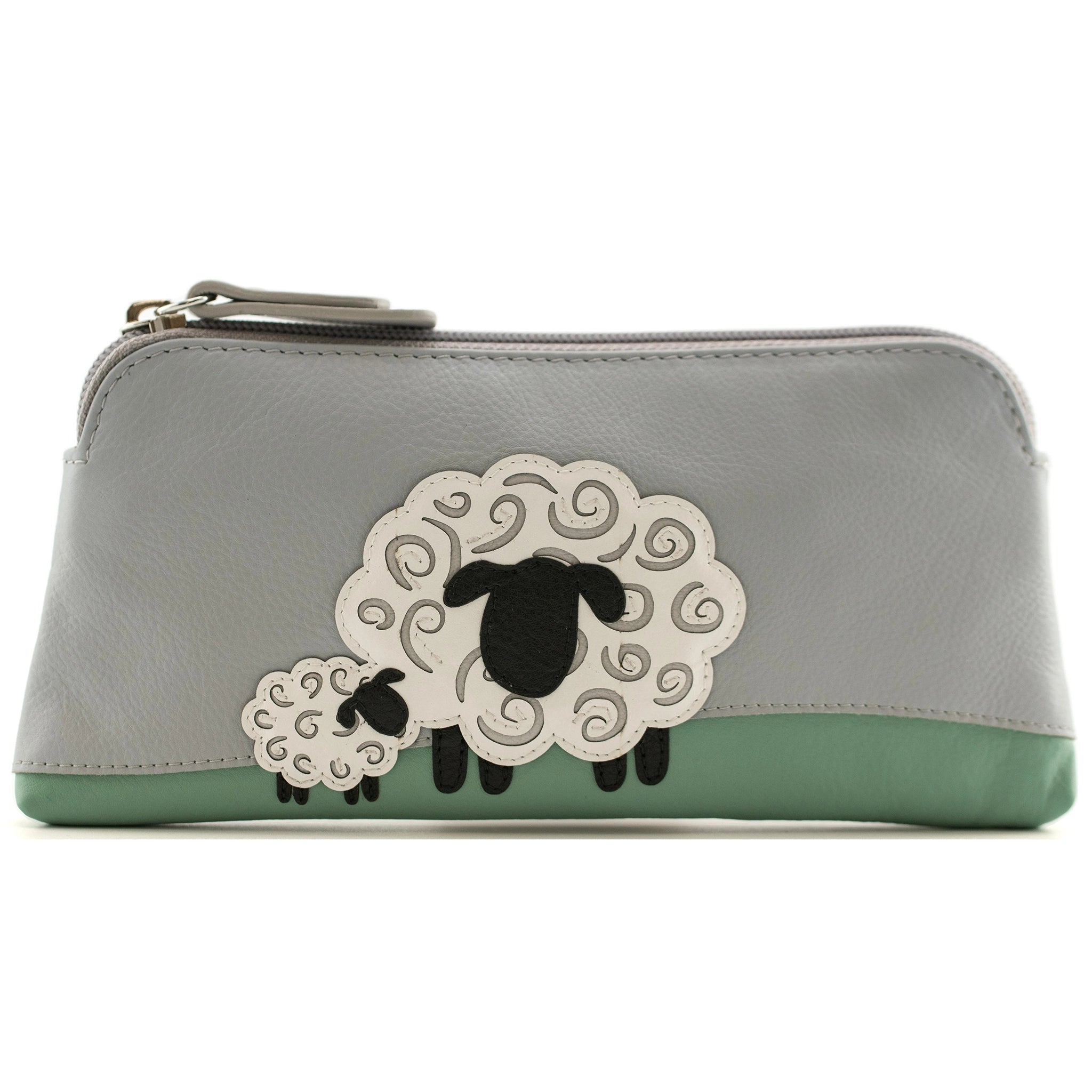 A leather zip top glasses case featuring a design with two sheep 