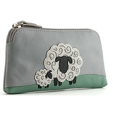 A leather zip top glasses case featuring a design with two sheep from the side