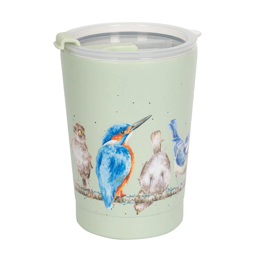 A green thermal mug featuring a row of different birds on a branch design