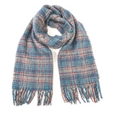 A multicolour check scarf in pastels with a silver thread detail and tassels