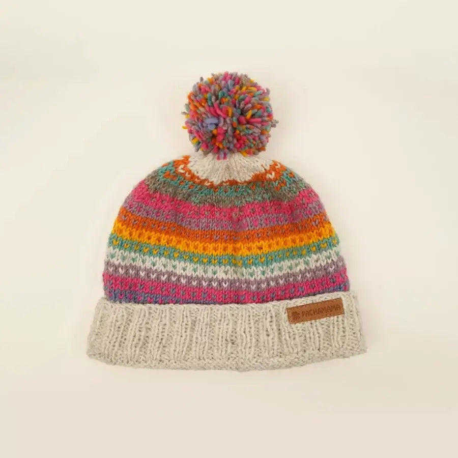 Bobble beanie hat with rainbow stripes and hearts