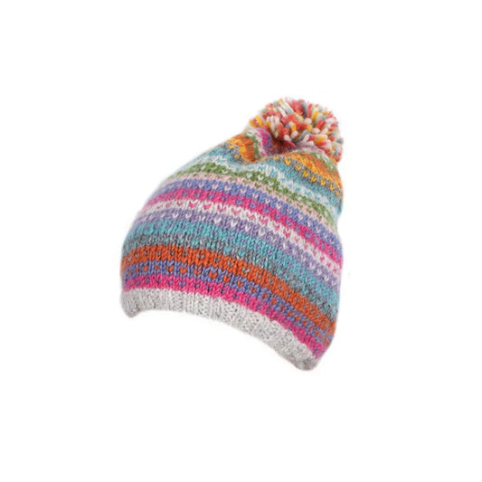 A pastel multicolour striped knitted pompom hat with little chevron hearts