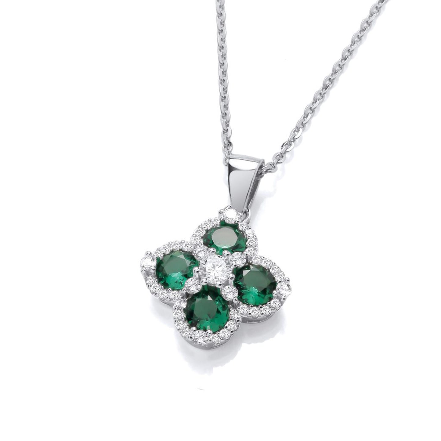 Silver clover vintage style deco pendant with emerald CZ stones