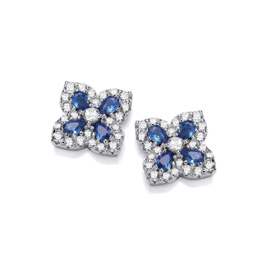 Clover shaped stud earrings set with white and blue CZ stones