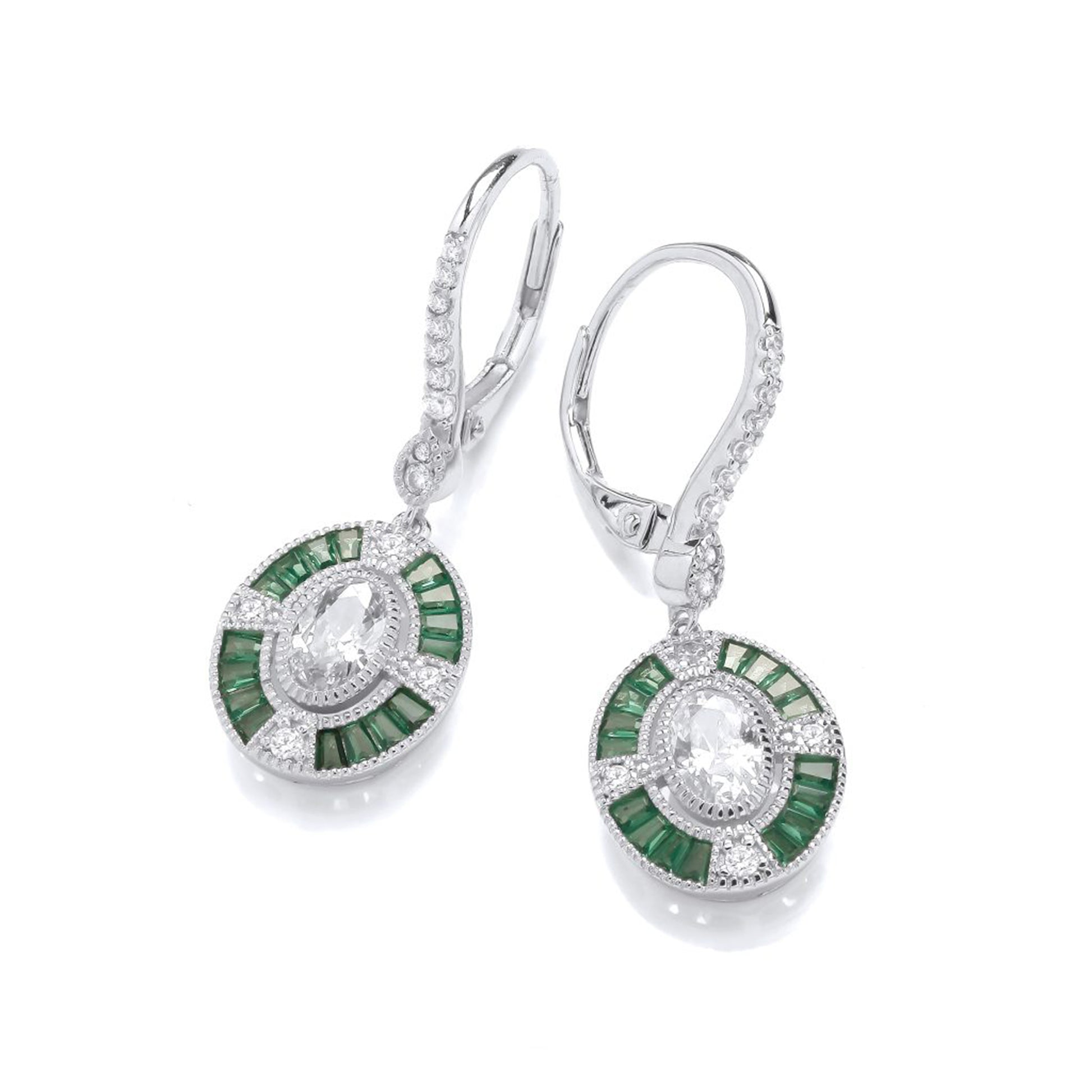 Pair of oval vintage style deco earrings with emerald CZ stones
