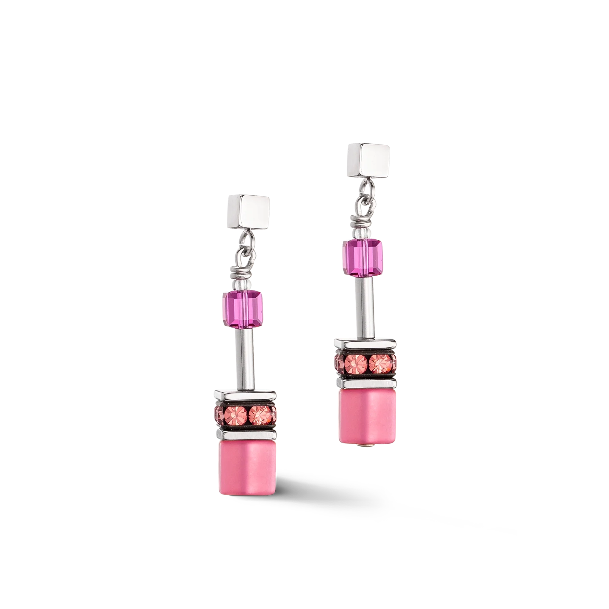 A steel pair of earrings with bright pink cube shaped stones and glass beads