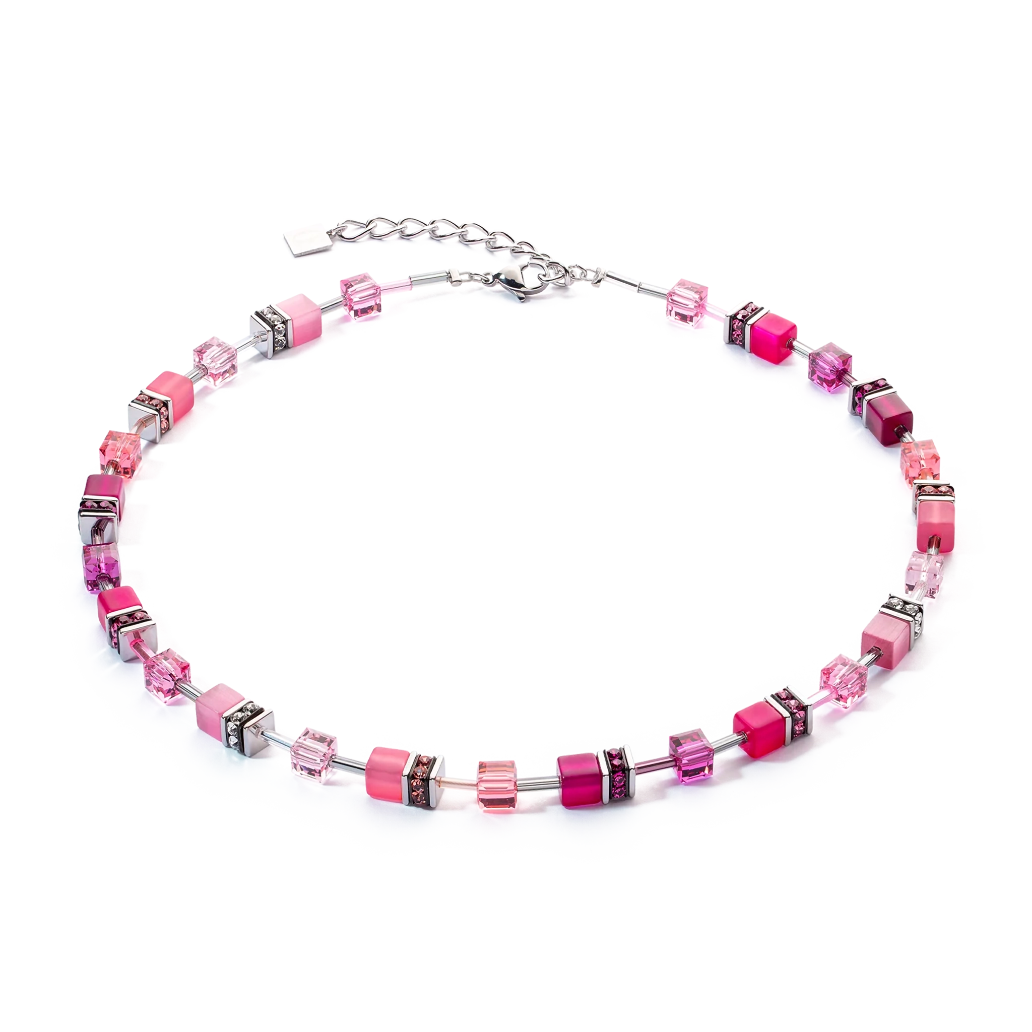 A steel necklace featuring a variety of bright pink cube shaped stones and glass beads