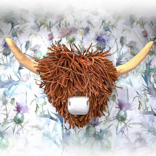 Wall mounted head of highland cow made of rattan and willow sticks, with carved nose and horns