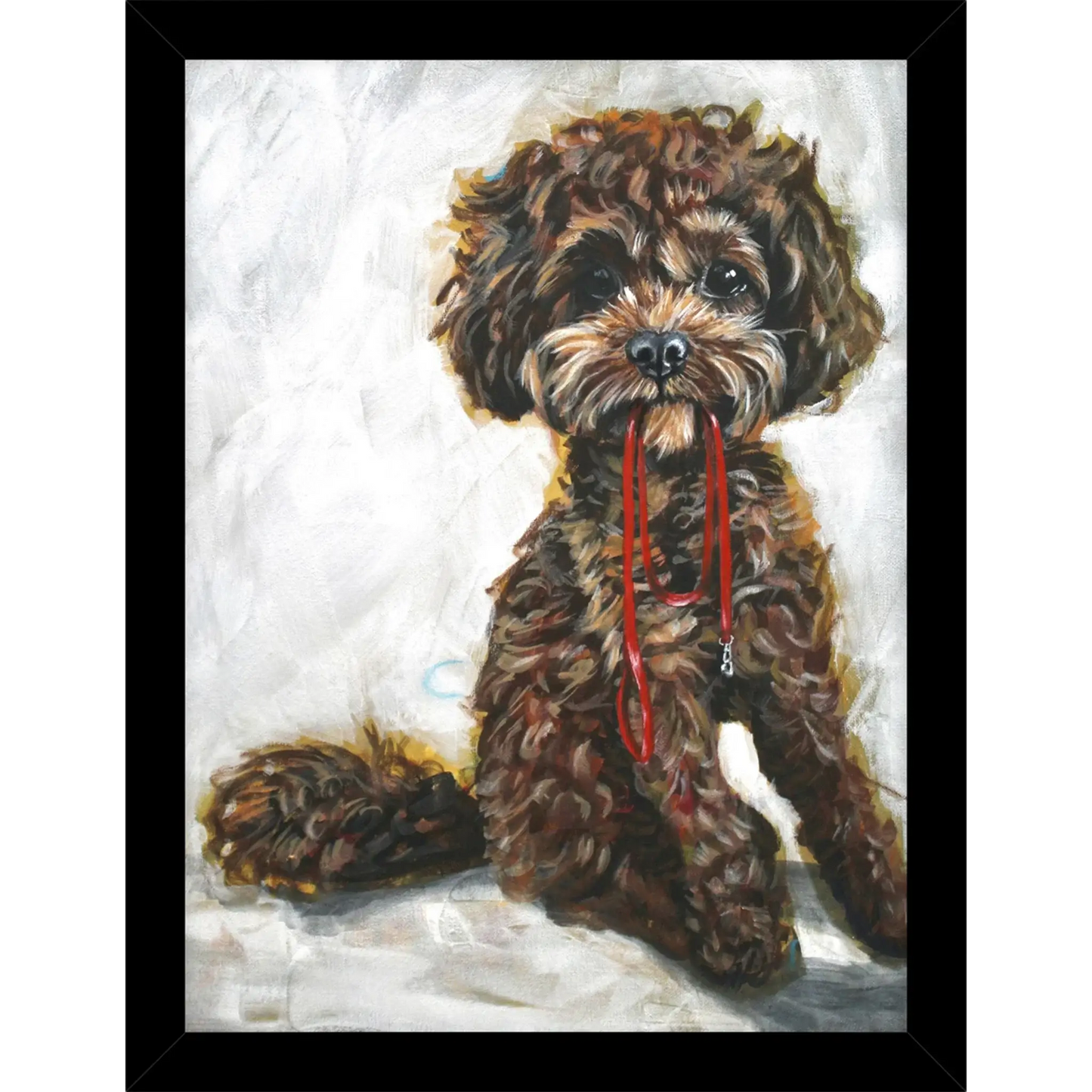 A framed print of a curly haired dog by artist Victoria Coleman