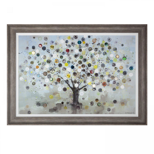 Framed print of an impressionist tree with multi coloured vintage watch faces over the branches.