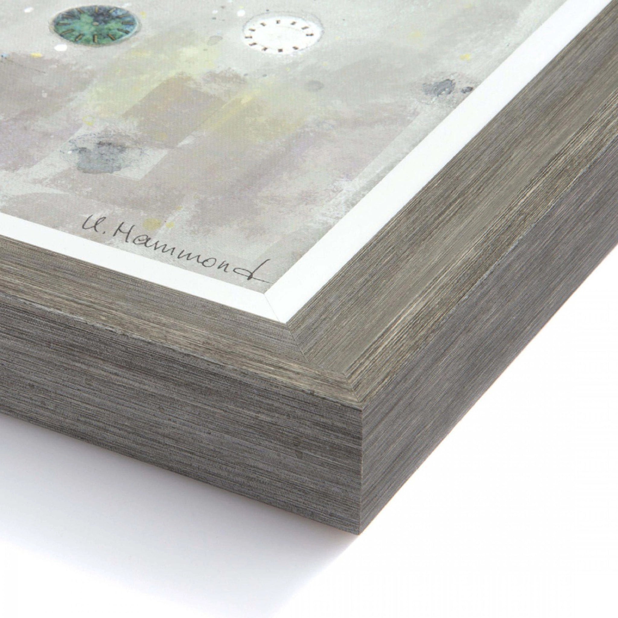 Close-up detail of corner of simple modern grey wood frame.