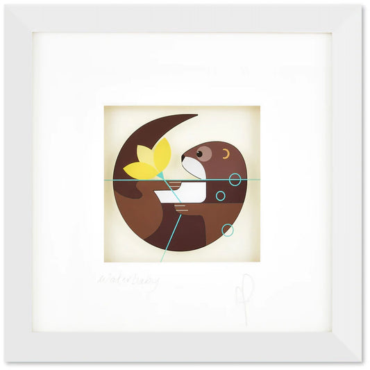 A square framed print featuring a little otter holding a lily flower